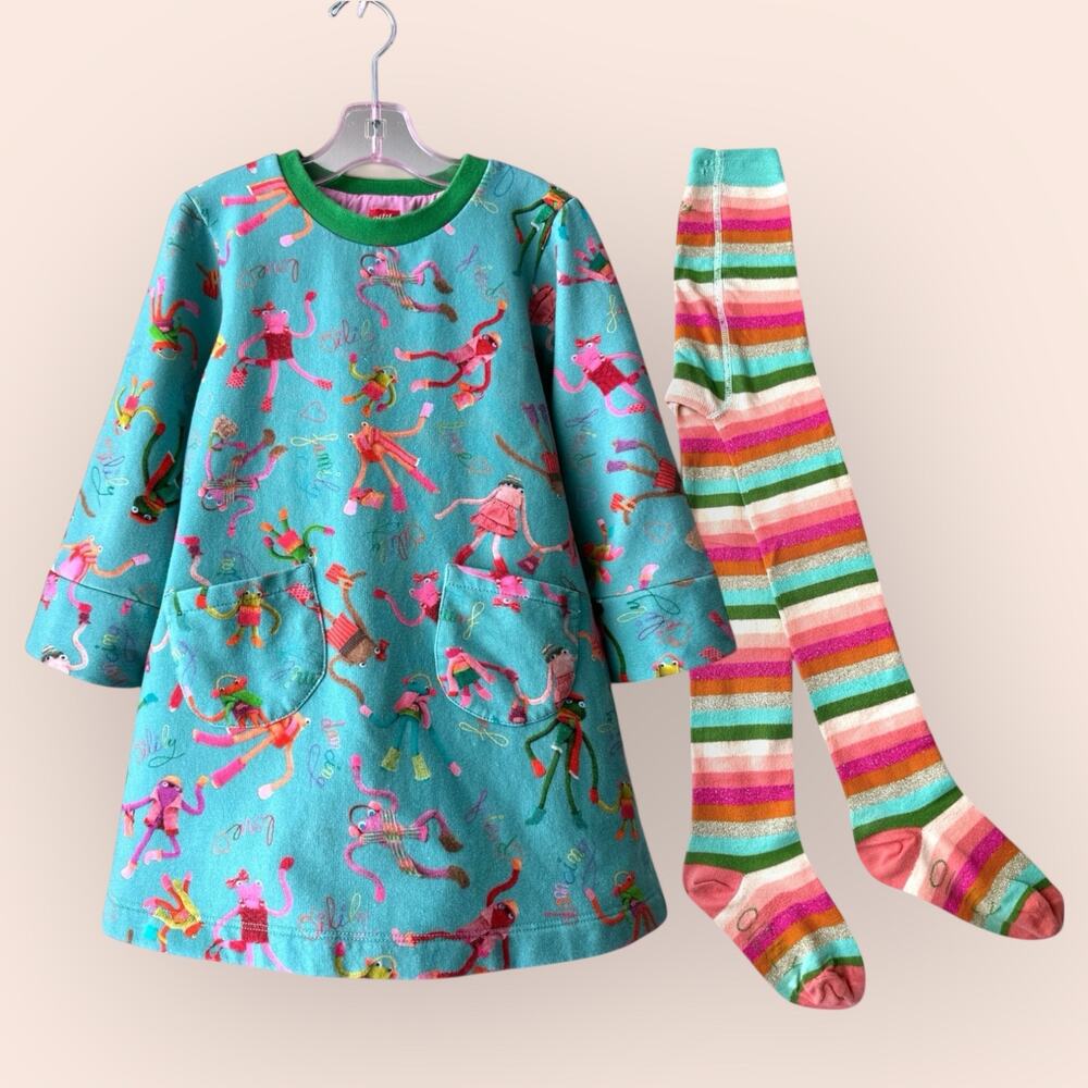 Oilily Organic Cotton Sweatshirt Dress and Striped Tights Size 104 (4T) Blue